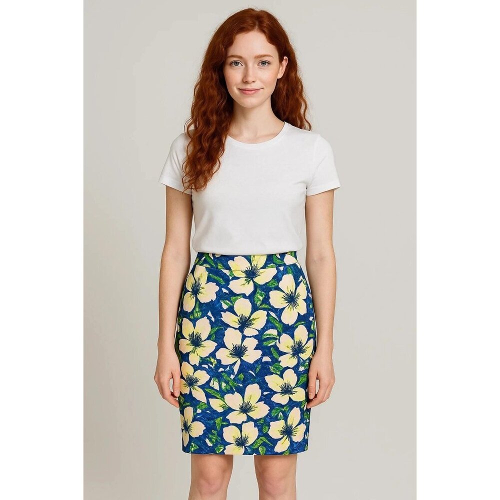 ☀️Sale J.Crew Floral Cotton Pencil Skirt Vibrant Retro Gardencore Bloom Size 0